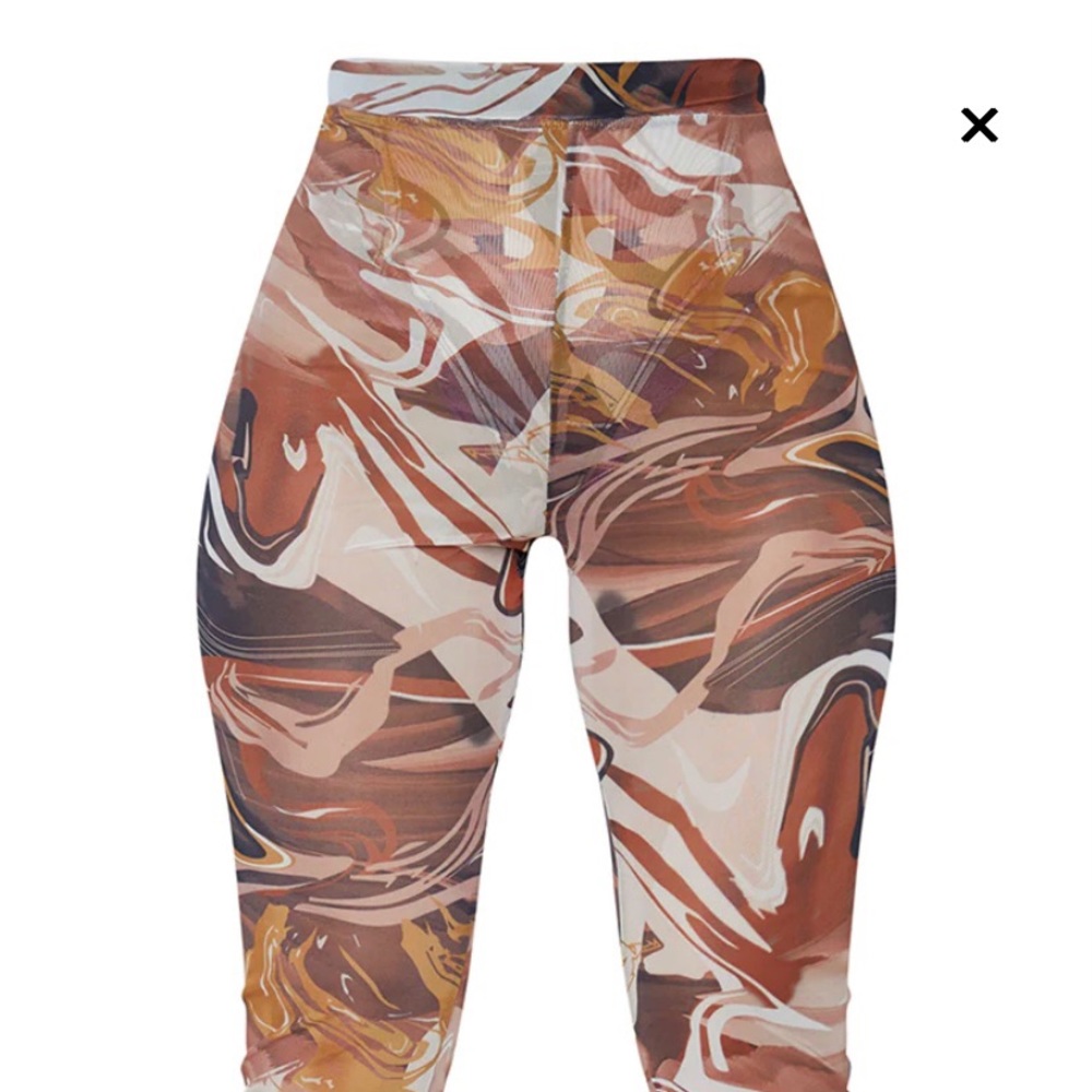 brown marble print sheet mesh split hem legging